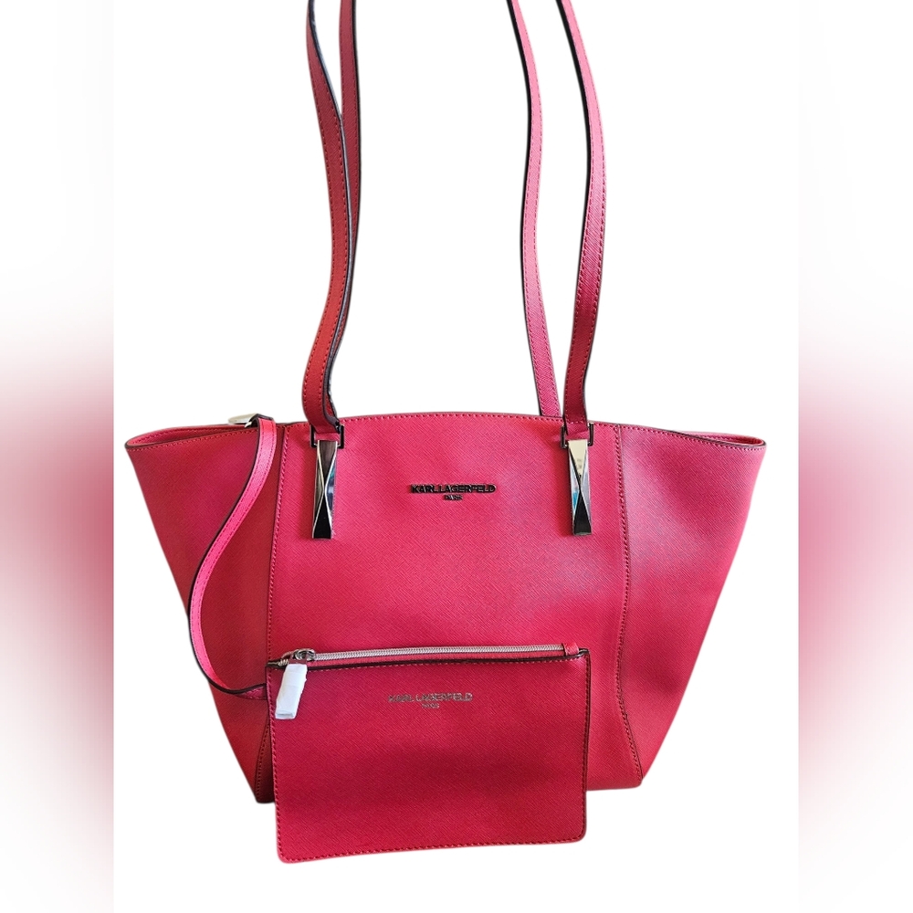 Karl Lagerfeld Red-Pink Saffiano Tote with Detachable Pouch NEW